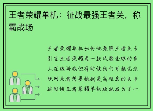 王者荣耀单机：征战最强王者关，称霸战场